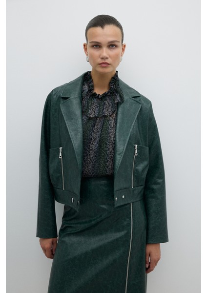 Fermuar ve Çıtçıt Detaylı Kruvaze Ceket Yeşil K2616002_012