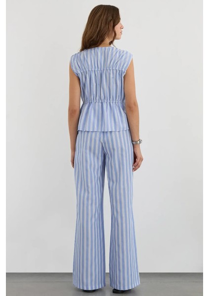 Kadın Fiyonk Detaylı Çizgili Bisiklet Yaka Bluz Blue fırsatları