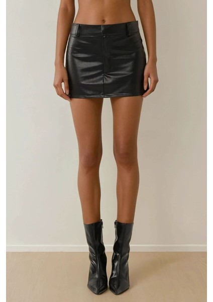 Kadın Suni Deri Düşük Bel Mini Etek Siyah
