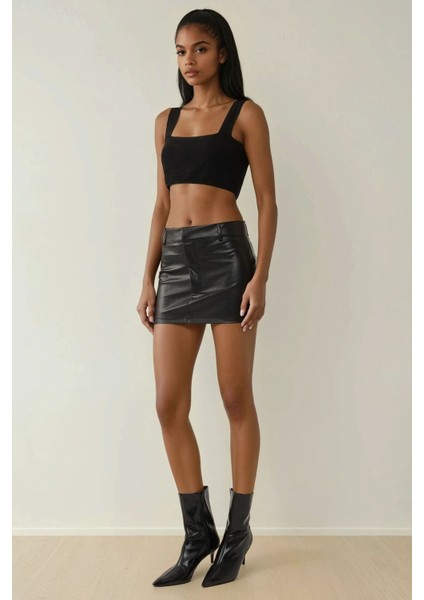 Kadın Suni Deri Düşük Bel Mini Etek Siyah fırsatları