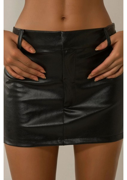 Kadın Suni Deri Düşük Bel Mini Etek Siyah