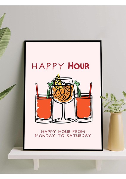 Happy Hour, Mutlu Saat, Çizim Sanatı Mutfak Çerçeveli Tablo - Çerçeveli Poster