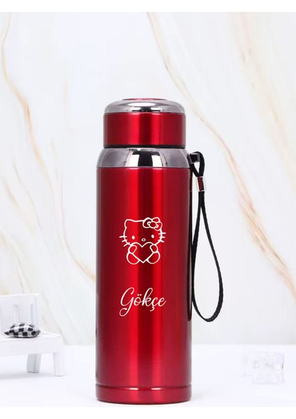 1 Litre Paslanmaz Çelik Hello Kitty Baskılı Termos 12 Saat Sıcak Soğuk Tutma Dayanıklı Yapı