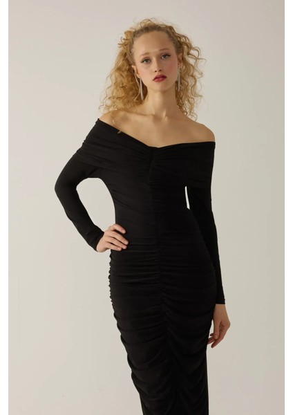 Kadın Drapeli Off Shoulder Bodycon Maxi Elbise Black