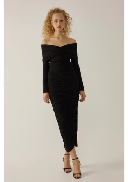 Kadın Drapeli Off Shoulder Bodycon Maxi Elbise Black fiyatları