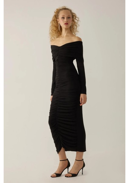 Kadın Drapeli Off Shoulder Bodycon Maxi Elbise Black modelleri