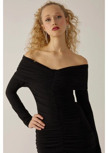 Kadın Drapeli Off Shoulder Bodycon Maxi Elbise Black fırsatları