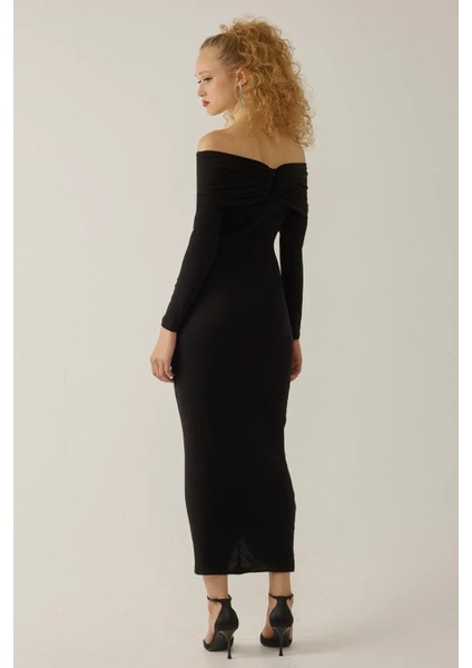 Kadın Drapeli Off Shoulder Bodycon Maxi Elbise Black indirimleri