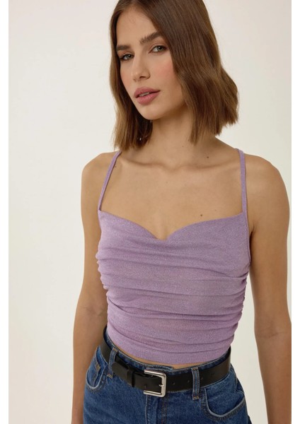 Kadın Asimetrik Yaka Örme Kısa Simli Üst Purple