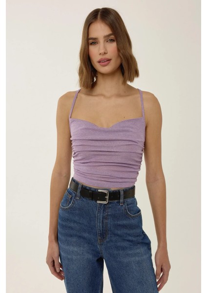 Kadın Asimetrik Yaka Örme Kısa Simli Üst Purple fırsatları
