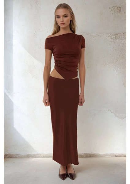 Kadın Soft Touch Drape Detaylı Asimetrik Üst Kestane Kahvesi fiyatları
