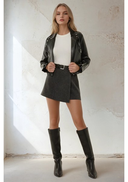 Kadın Yüksek Bel Dokuma Mini Şort Etek Grey fiyatları