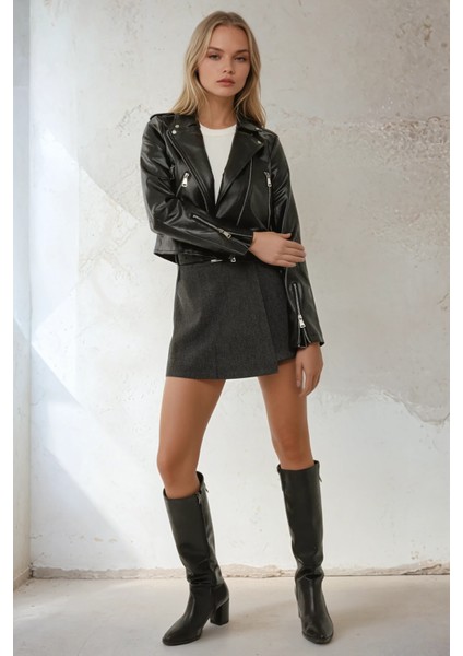 Kadın Yüksek Bel Dokuma Mini Şort Etek Grey modelleri