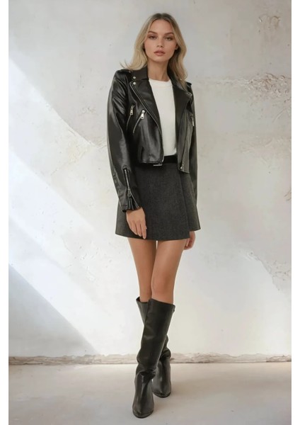 Kadın Yüksek Bel Dokuma Mini Şort Etek Grey fırsatları