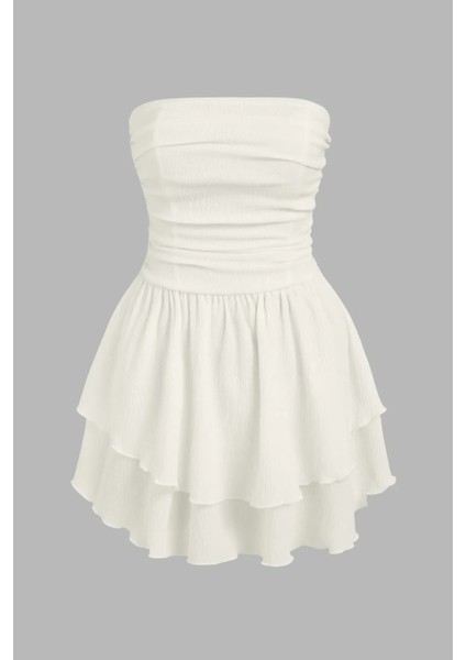 Kadın Straplez Fırfırlı Arkası Gipeli Mini Elbise White