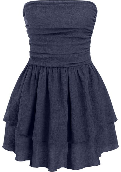 Kadın Straplez Fırfırlı Arkası Gipeli Mini Elbise Lacivert