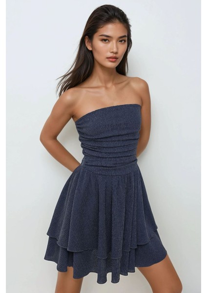 Kadın Straplez Fırfırlı Arkası Gipeli Mini Elbise Lacivert modelleri