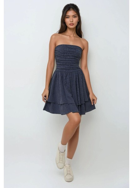 Kadın Straplez Fırfırlı Arkası Gipeli Mini Elbise Lacivert fırsatları
