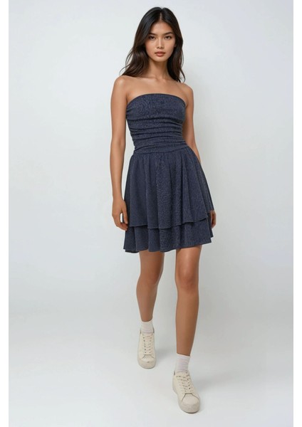 Kadın Straplez Fırfırlı Arkası Gipeli Mini Elbise Lacivert