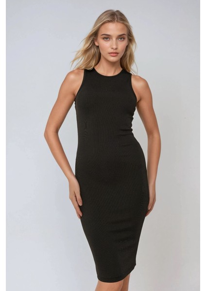 Kadın Halter Yaka Fitilli Mini Bodycon Örme Elbise Black