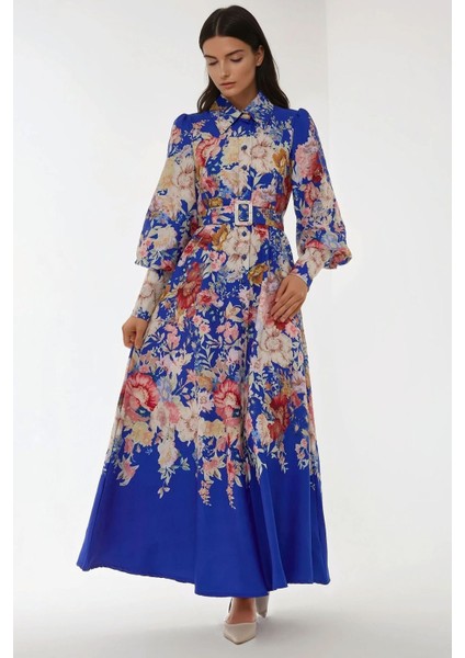 Kadın Baskılı Uzun Kol Kemerli Modest Elbise Fas Mavisi