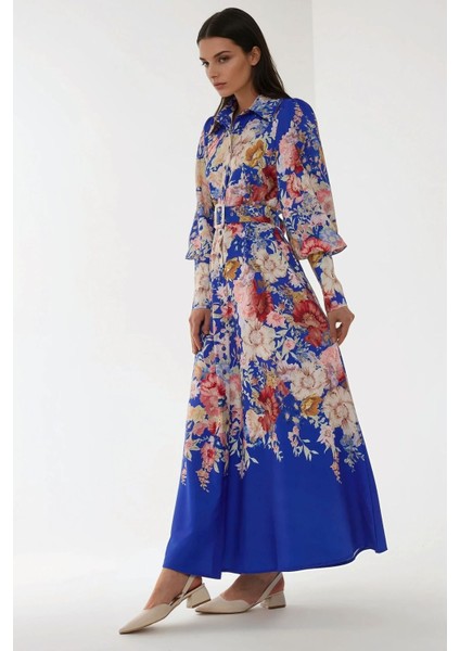 Kadın Baskılı Uzun Kol Kemerli Modest Elbise Fas Mavisi fırsatları