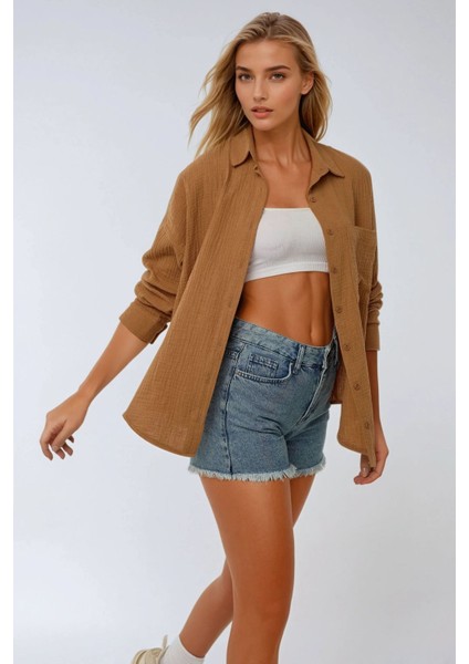 Kadın Oversize Cep Detaylı Pamuklu Gömlek Brown