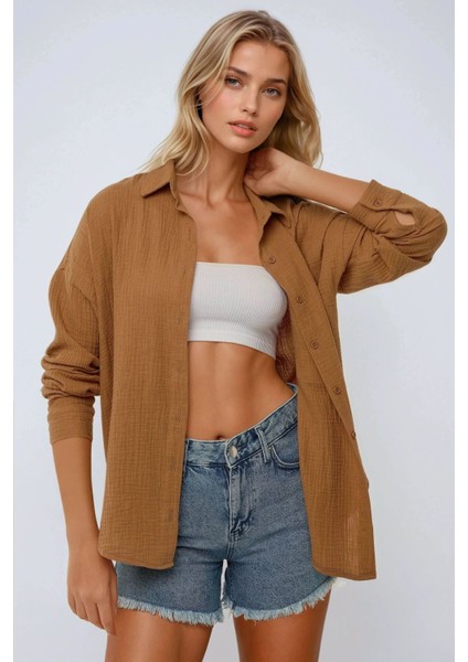 Kadın Oversize Cep Detaylı Pamuklu Gömlek Brown fiyatları