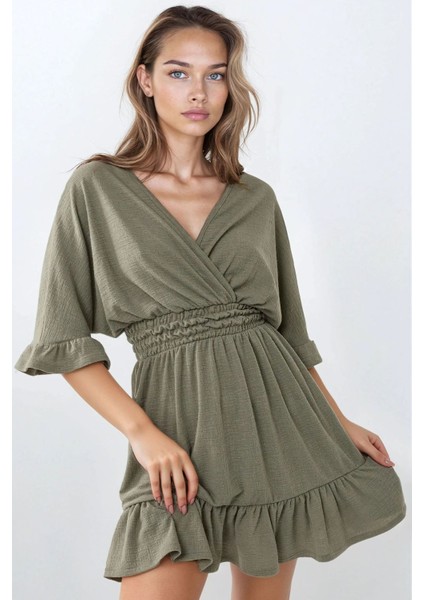 Kadın Dokulu V Yaka Gipeli Örme Mini Elbise Adaçayı Yeşili fiyatları