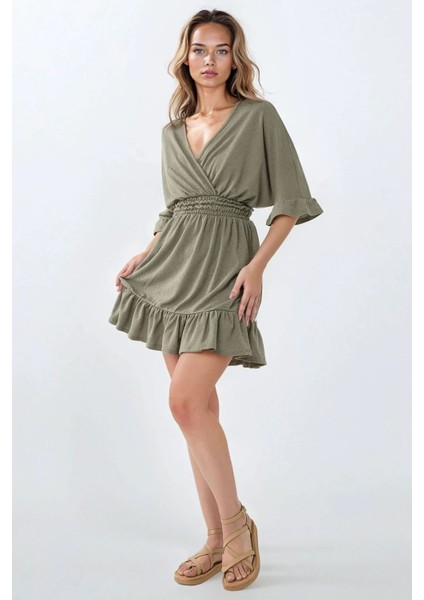 Kadın Dokulu V Yaka Gipeli Örme Mini Elbise Adaçayı Yeşili modelleri