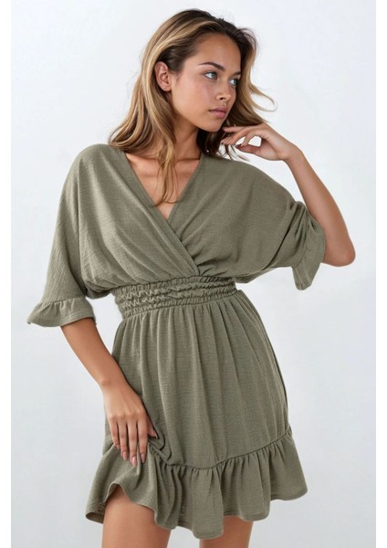 Kadın Dokulu V Yaka Gipeli Örme Mini Elbise Adaçayı Yeşili
