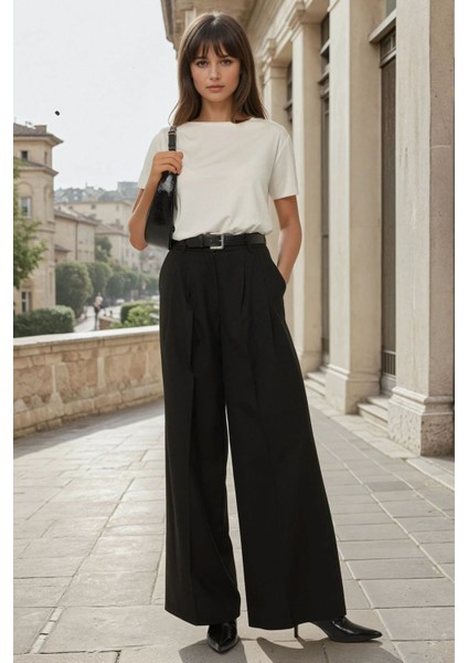 Kadın Wide Leg Pileli Pantolon Black fiyatları