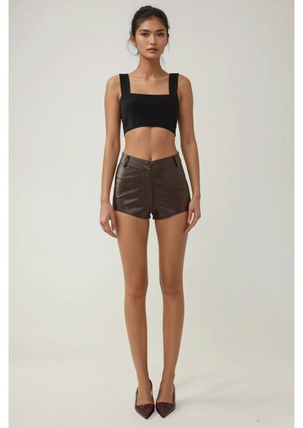 Kadın Suni Deri Hot Şort Brown