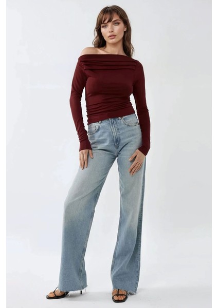 Kadın Asimetrik Yaka Drape Detaylı Örme Üst Red fırsatları