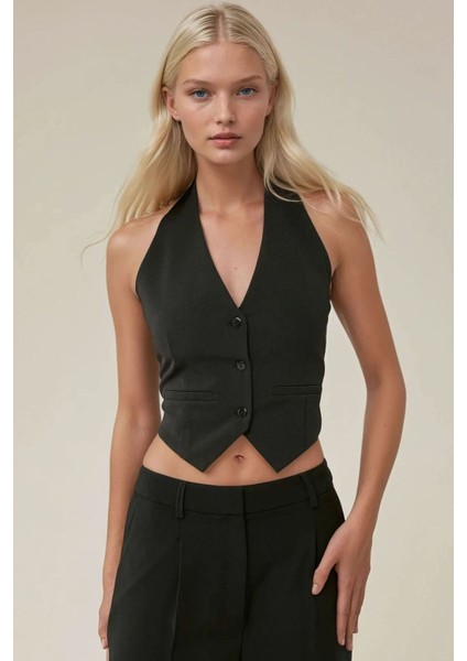 Kadın V Yaka Kolsuz Yelek Black