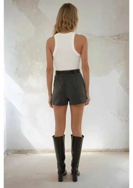 Kadın Yüksek Bel Dokuma Mini Şort Etek Grey indirimleri