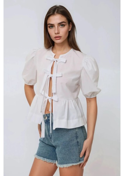 Kadın Önü Fiyonklu Pamuklu Bluz White fiyatları