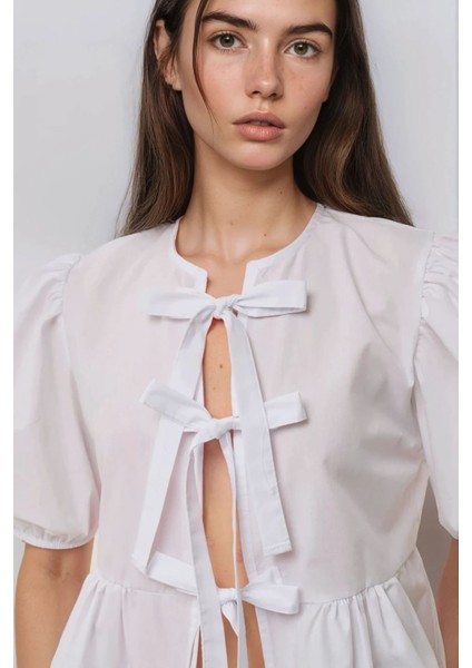 Kadın Önü Fiyonklu Pamuklu Bluz White modelleri