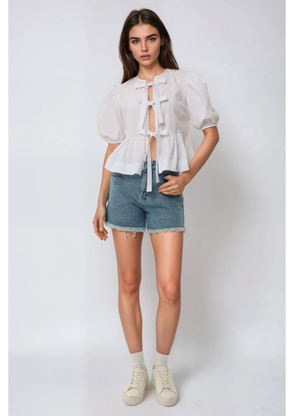 Kadın Önü Fiyonklu Pamuklu Bluz White fırsatları
