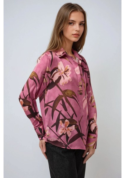 Kadın Saten Çiçek Desenli Uzun Kollu Gömlek Purple fiyatları