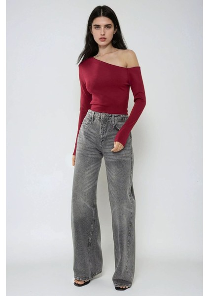 Kadın Asimetrik Yaka Uzun Kol Örme Üst Red modelleri