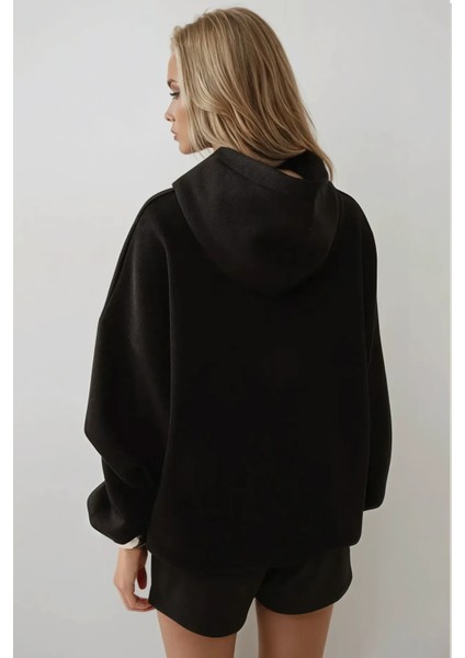 Kadın Extra Oversize Kapüşonlu Kalın Polarlı Hoodie Black fırsatları