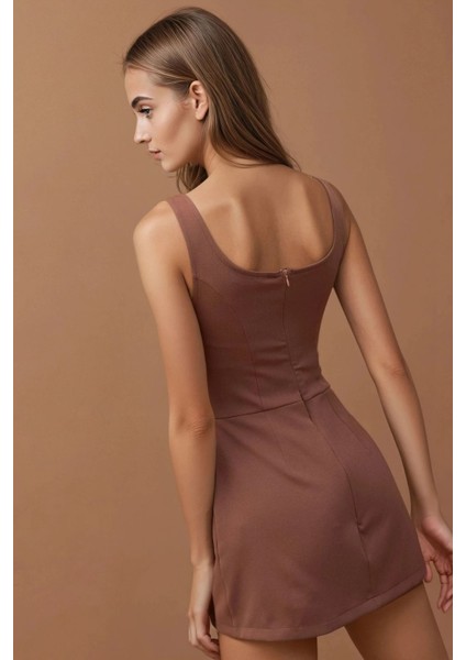 Kadın İçi Şortlu Cep Kapaklı Dar Mini Elbise Mocha Kahvesi modelleri