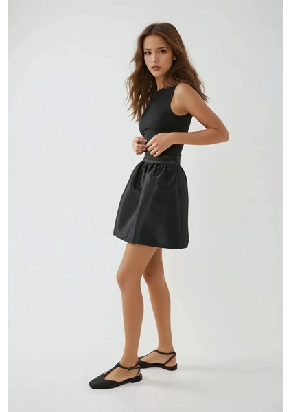 Kadın Yüksek Bel Balon Mini Etek Black