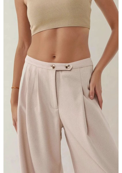 Kadın Yüksek Bel Geniş Paça Pileli Rahat Pantolon Natural modelleri