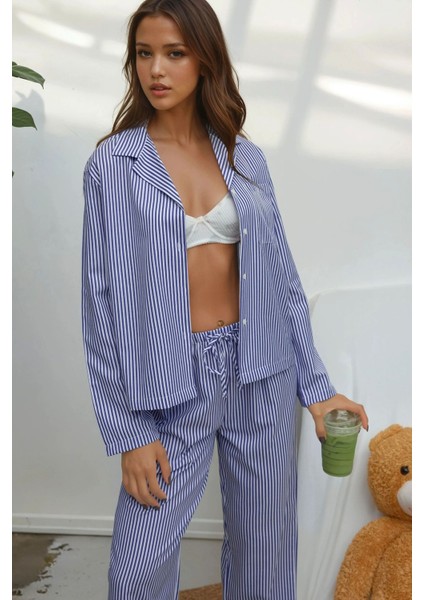 Kadın Çizgili Pamuklu Pijama Takımı Bebek Mavisi fiyatları