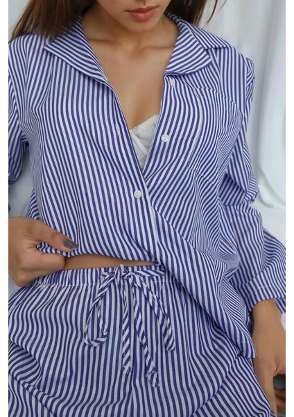 Kadın Çizgili Pamuklu Pijama Takımı Bebek Mavisi modelleri