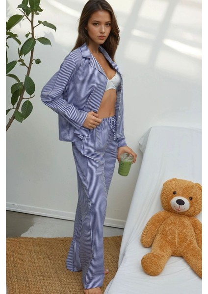 Kadın Çizgili Pamuklu Pijama Takımı Bebek Mavisi fırsatları