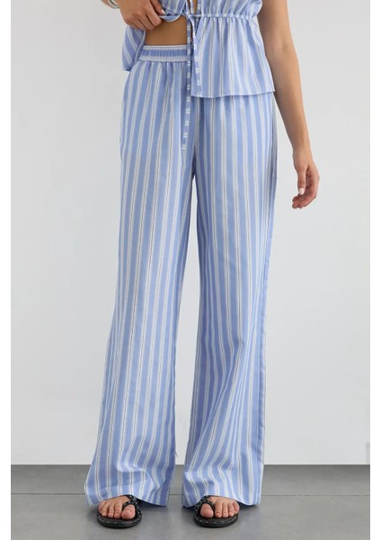 Kadın Lastikli Bel ile Geniş Paça Çizgili Pantolon Blue fiyatları