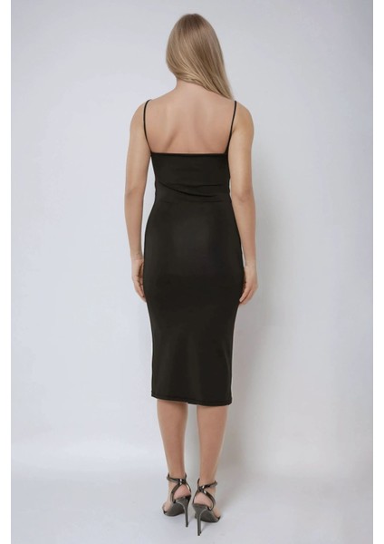 Kadın Degaje Yaka Bodycon Midi Elbise Black